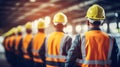 Group of workers in hardhats and reflective safety vests are seen from the back, standing together. AI generated Royalty Free Stock Photo
