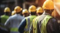 Group of workers in hardhats and reflective safety vests are seen from the back, standing together. AI generated Royalty Free Stock Photo
