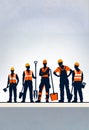 a group of workers with orange vests and orange hard helmets each holding a tool Royalty Free Stock Photo