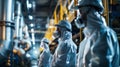 A group of workers in protective gear monitoring the production process in a large production plant. The image conveys