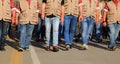 workers in vests walking during a strike participating in a protest demonstration on the street Royalty Free Stock Photo