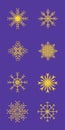 Group of yellow, gold Snowflakes on isolated blue background, Smooth snowflakes collection isolated on white background. Flat snow Royalty Free Stock Photo