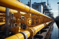 Group of yellow pipes. Natural gas treatment plant in bright sunny summer day Royalty Free Stock Photo