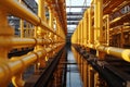 Group of yellow pipes. Natural gas treatment plant in bright sunny summer day