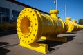 Group of yellow pipes. Natural gas treatment plant in bright sunny summer day