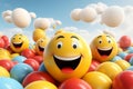 a group of yellow smiley faces in a field of colorful balloons Royalty Free Stock Photo