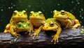 Group of Yellow Tree Frog Leaping From Pond Onto Tree Branch high quality photo Royalty Free Stock Photo