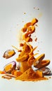 Group of Yellow Turmeric Roots and Powder Vegetable Creatively Falling-Dripping Flying or Splashing on White Background Generative