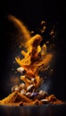 Group of Yellow Turmeric Sticks and Powder Vegetable Creatively Falling-Dripping Flying or Splashing on Black Background