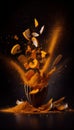 Group of Yellow Turmeric Sticks and Powder Vegetable Creatively Falling-Dripping Flying or Splashing on Black Background