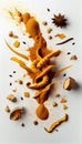 Group of Yellow Turmeric Sticks and Powder Vegetable Creatively Falling-Dripping Flying or Splashing on White Background