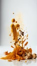 Group of Yellow Turmeric Sticks and Powder Vegetable Creatively Falling-Dripping Flying or Splashing on White Background