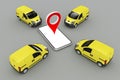 Group yellow vans with smartphone and pin marker