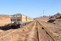 Group of yellow wagons with material for nitrogen fertilizers in desert