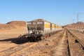 Group of yellow wagons with material for nitrogen fertilizers in desert