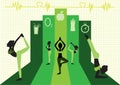 Group of yoga poses on green background design, illustration