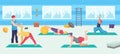 Group yoga for pregnant woman, vector illustration. Cartoon female character do exercises at gym, fitness lesson for