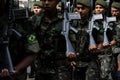 Group of young army soldiers marching on Brazilian independence day in the city of Salvador, Bahia