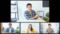 Group on young Asian business people, office coworkers on video online conference call, remote team meeting collage screen