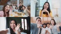 Group of young Asian people on video call remote meeting at home. Family and friends online gathering, internet technology