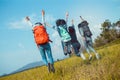 Group of Young Asian women jumping enjoy travel trekking Royalty Free Stock Photo