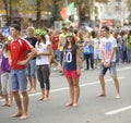 Group of young barefoot boys and girls standing in the middle of the street preparing for flashmob. Kyiv, Ukraine Royalty Free Stock Photo