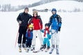 Group of young beautiful people, adults and kids, skiing