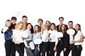 Group of young beautiful women and men in casual wear with clouds of thoughts tags in hands isolated on white background Royalty Free Stock Photo