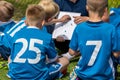 Group of Young Boys in Blue Shirts Sitting on Sports Grass Field witch School Coach. Kids Listening Coach`s Tactic Talk