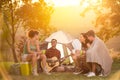 Group of young campers enjoying in music Royalty Free Stock Photo