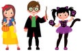 Group of young children in Halloween costumes on a white background