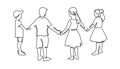 Group of young children holding hands continuous one line drawing. Kindergarten friendships concept. Happy cute kids in
