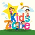 Group of young children with kids zone word cartoon illustration