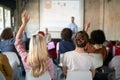 Group of young creative people are rising hands for a questions at a presentation in the office Royalty Free Stock Photo