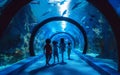 Group of young explorers walking through an aquarium tunnel surrounded by sea life.