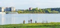 A group of young fishermen fishing in the Gulf of Berdsk Royalty Free Stock Photo