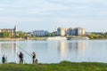 A group of young fishermen fishing in the Gulf of Berdsk Royalty Free Stock Photo