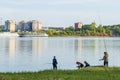 A group of young fishermen fishing in the Gulf of Berdsk Royalty Free Stock Photo