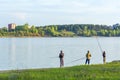 A group of young fishermen fishing in the Gulf of Berdsk Royalty Free Stock Photo