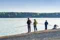 A group of young fishermen fishing in the Gulf of Berdsk Royalty Free Stock Photo