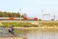 A group of young fishermen fishing in the Gulf of Berdsk Royalty Free Stock Photo