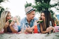 Group of friends having fun on the beach. Summer, fun, people, vacation concept. Royalty Free Stock Photo