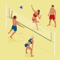 Group young Friends Playing Volleyball On Beach. Beach volleyball Is a popular sport that is played on the beach. Flat Royalty Free Stock Photo