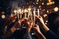 A group of young friends toasting with champagne flutes, surrounded by sparkling fireworks, capturing the excitement and Royalty Free Stock Photo