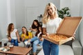 Group of young friends woman having party sitting on the sofa