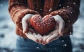 Snowy Love Young Girls Hands Holding Heart. Hands in mittens holding a snow heart in the snow Royalty Free Stock Photo