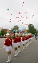 A group of young girls majorettes drummers Royalty Free Stock Photo