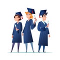 A group of young graduates smiling. Boys and girls in graduation gown, cap and holding a diploma. Flat cartoon vector