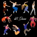 Group of young happy dancing people or male and female dancers isolated on black background. Royalty Free Stock Photo