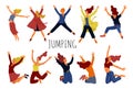 Group of young happy jumping womans isolated on white. Smiling females with raised hands and positive emotions. Vector